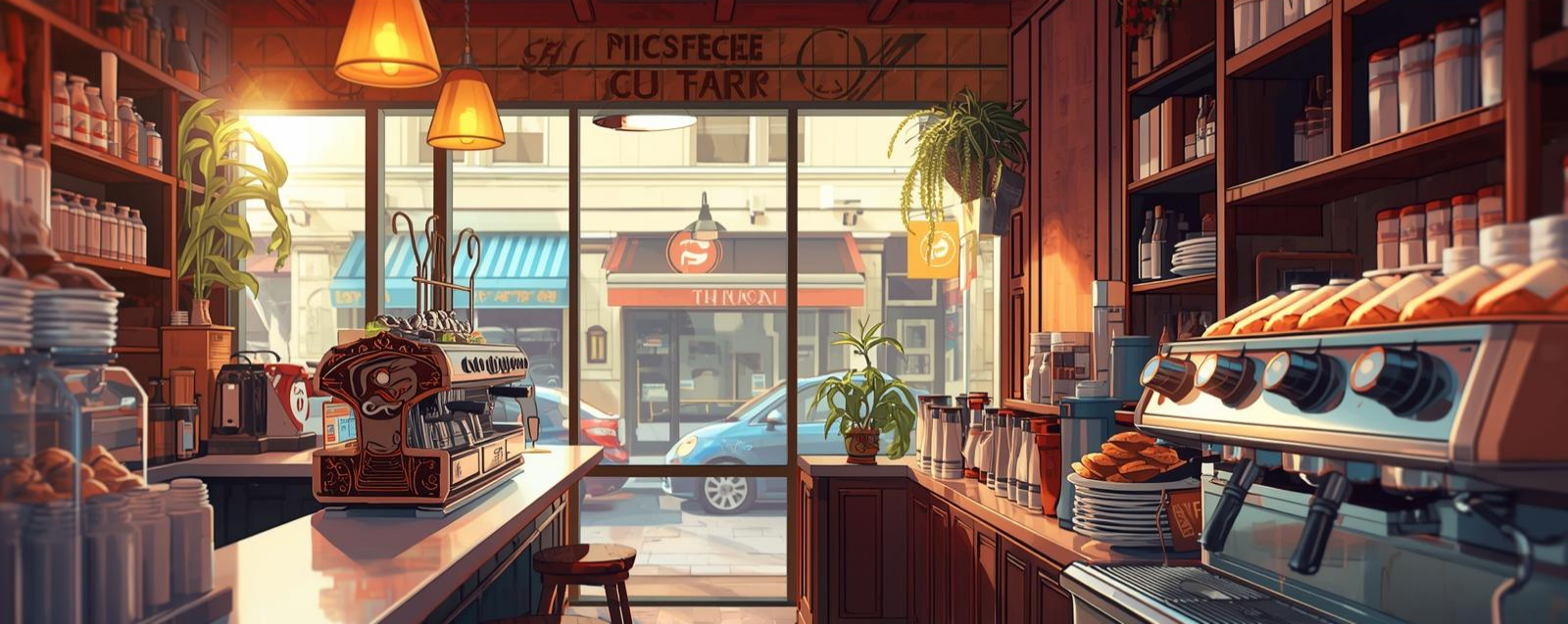 Illustrated café counter with takeaway cups